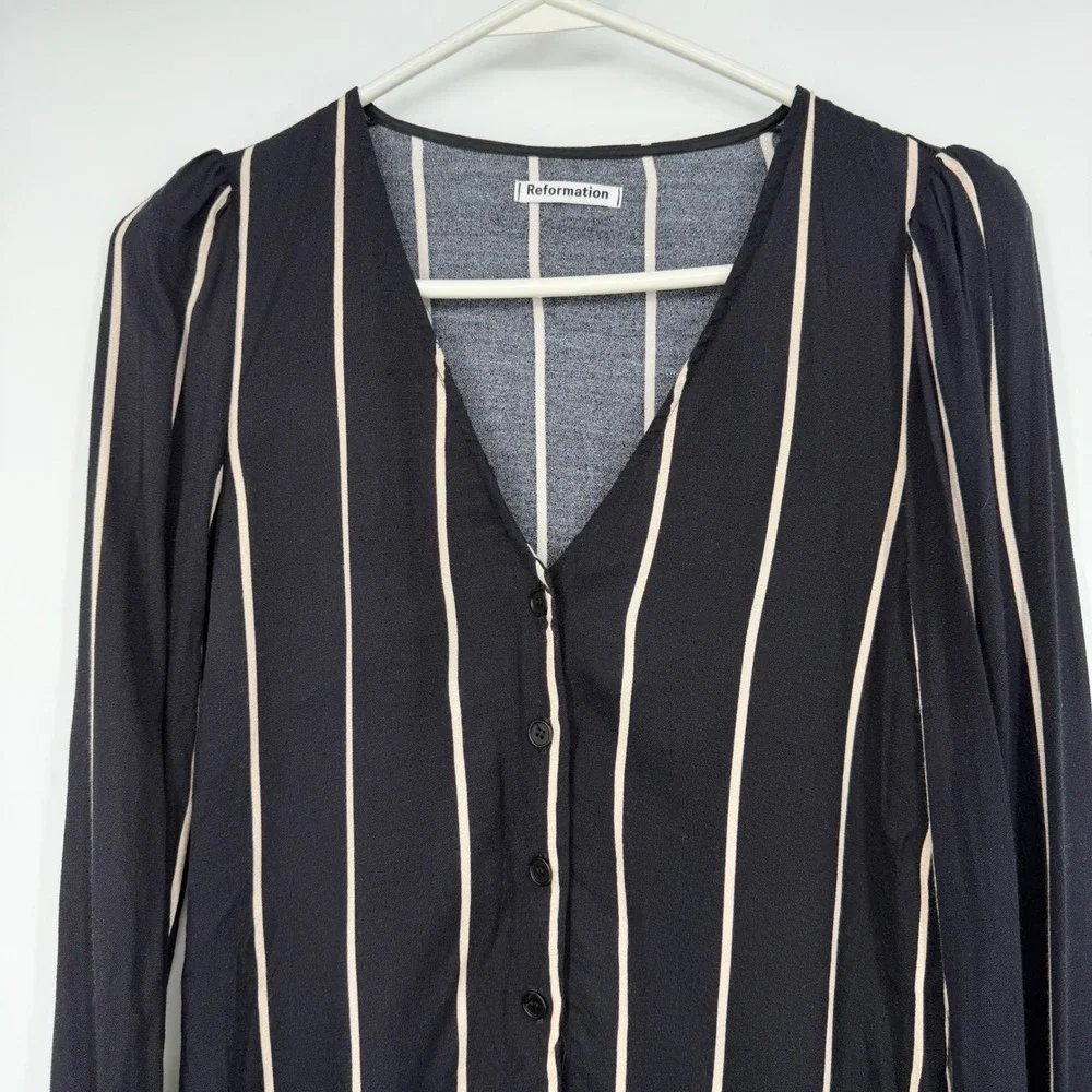 Reformation Womens XS Striped Button Down V-Neck Blouse Black Cream Long Sleeve